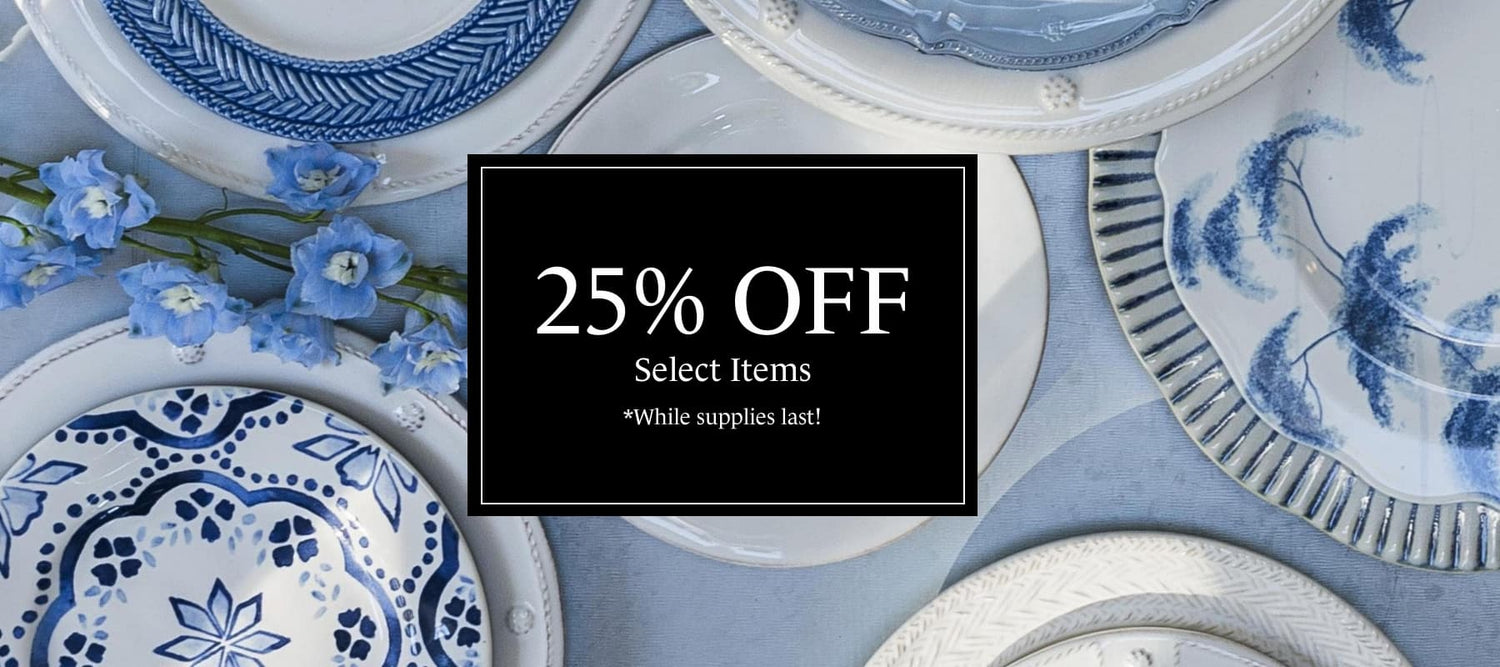 Decorative plates with blue floral patterns and a 25% off sale banner.