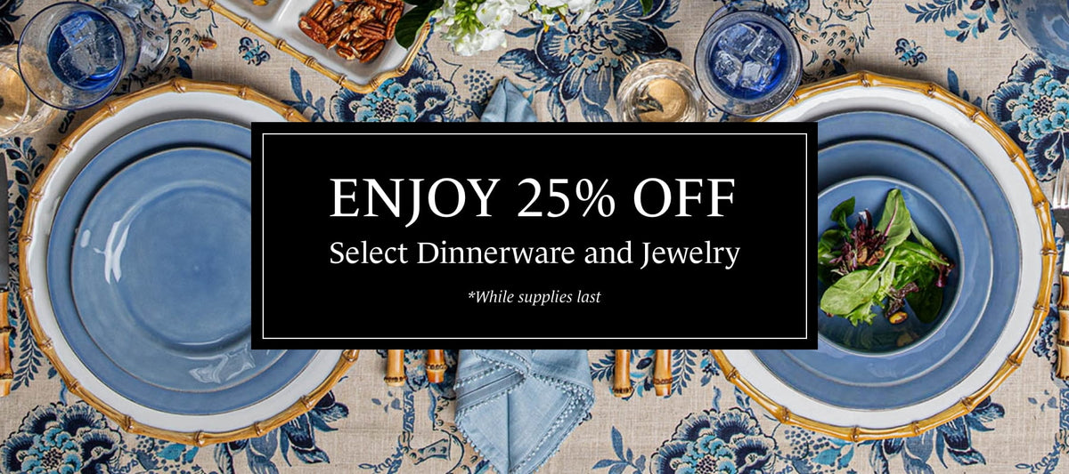 Decorative dinnerware set with a promotional banner for 25% off dinnerware and jewelry.