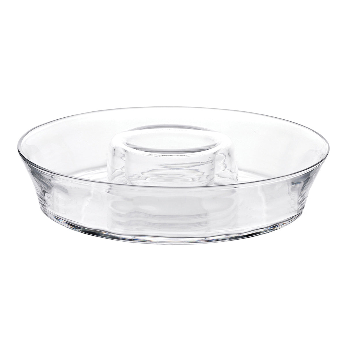 Keep it chic with this chip and dip server that elevates the humble to something a bit more special. Simple, textural lines in handsome mouth-blown glass, this piece allows you to easily present your favorite chips and dips with a splash of elegance. 