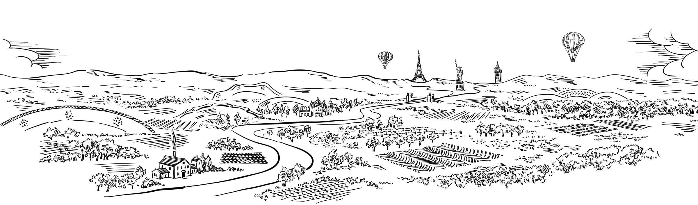 The World of Juliska map in black and white illustration.