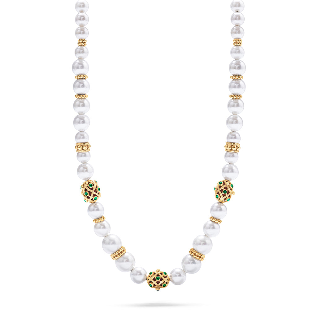Three uniquely beautiful hand-carved teak wood beads are enclosed in golden lattice and accented with richly colored Swarovski crystals.