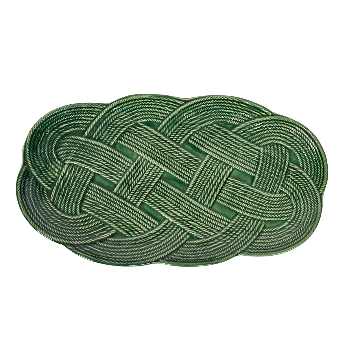Green braided rope tray on a white background