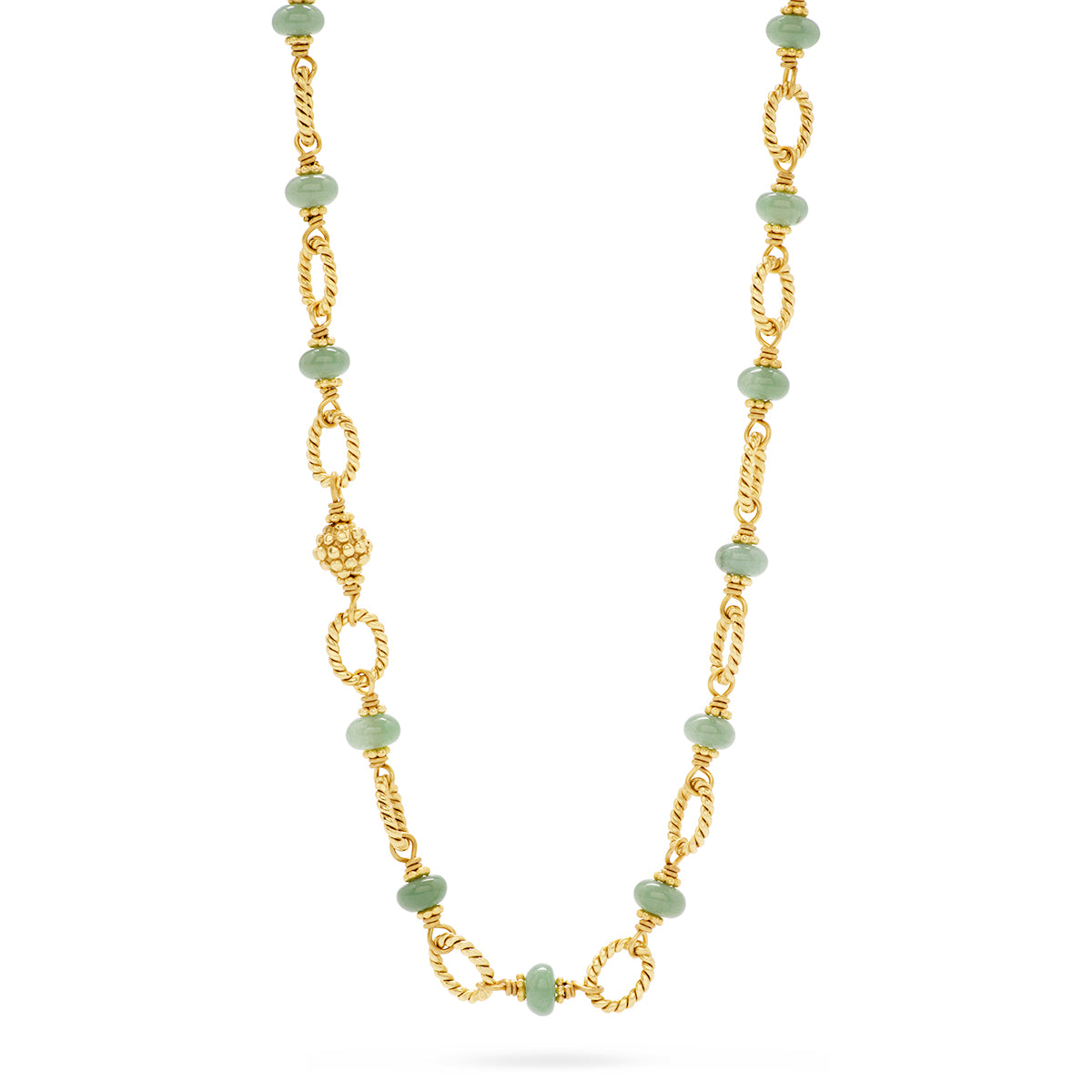 A gold chain necklace featuring alternating light green faceted beads and twisted gold links, displayed against a solid white background.