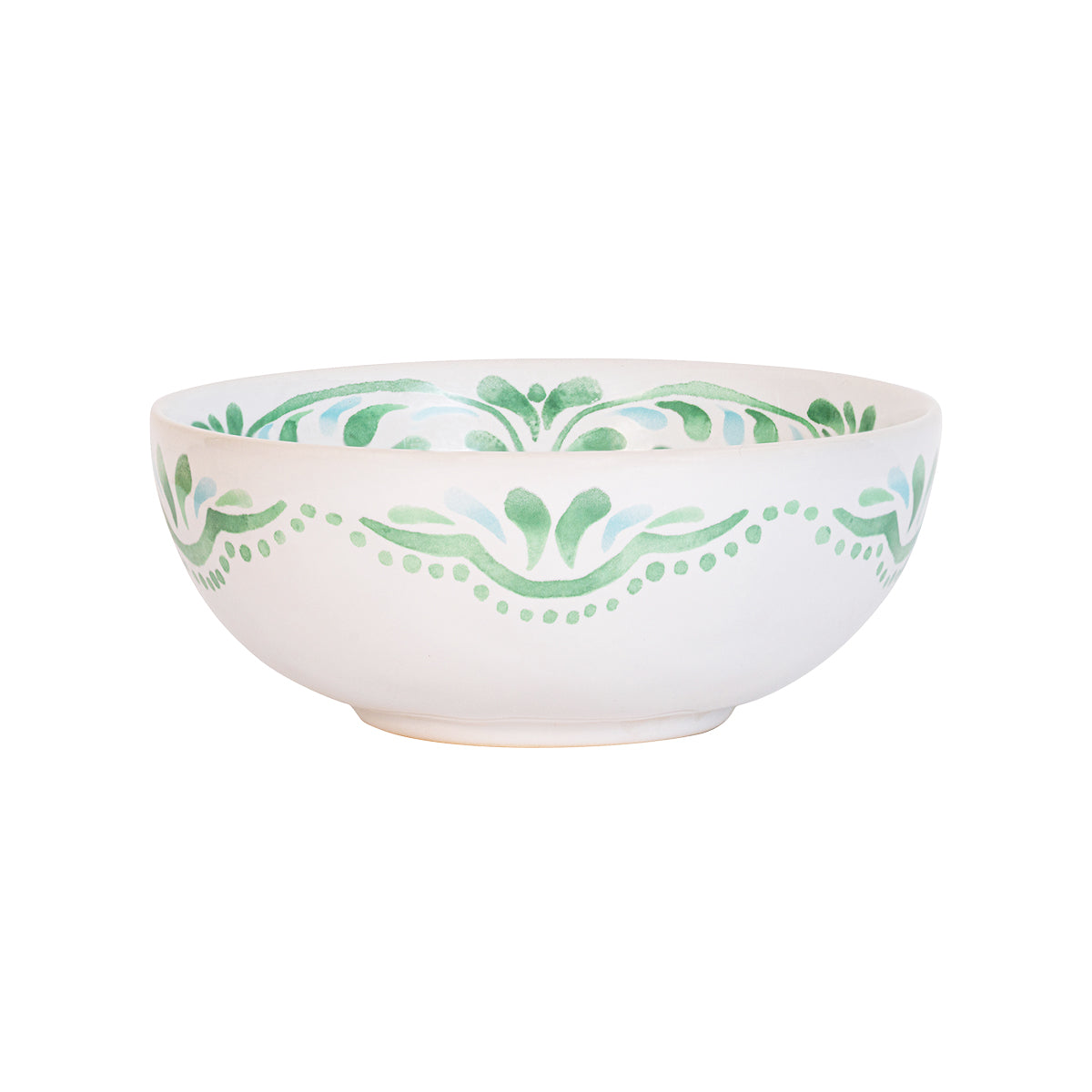 The beguiling pattern of this bowl was inspired by the intricately painted tiles we found on an escapade to the Iberian Coast and makes an eye-catching accent piece for tablesettings. Featuring a verdant palette of soft sage and sky-blue hues that are both refreshing and soothing - you will want to use this gorgeous green bowl for soups to berries to ice cream.