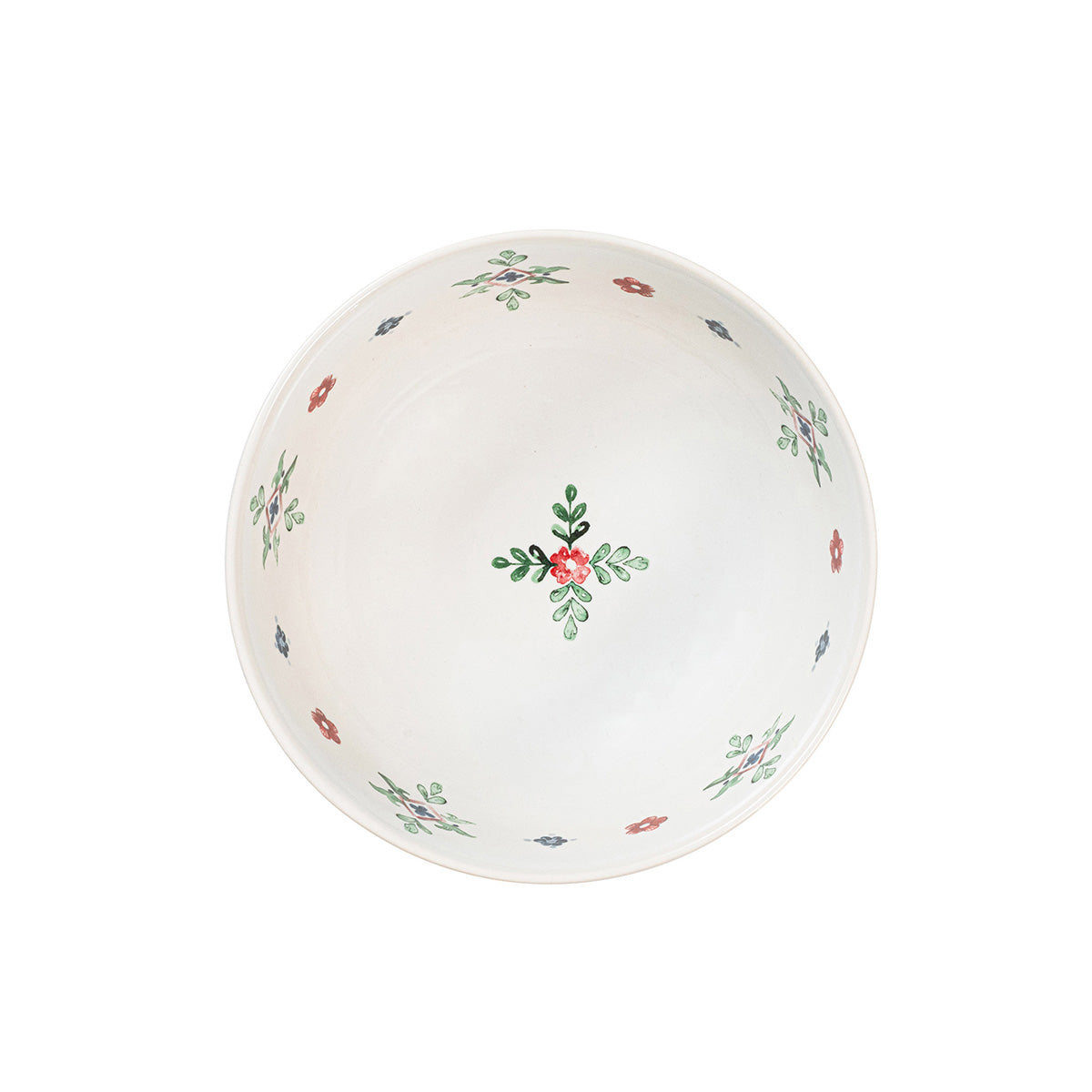 Round ceramic plate with floral patterns on a white background