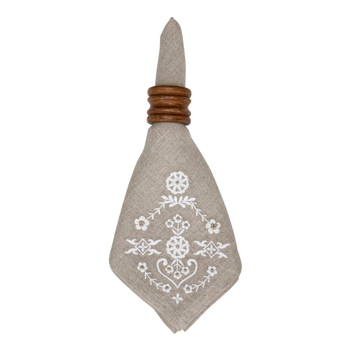 Napkin holder with floral embroidery on a white background
