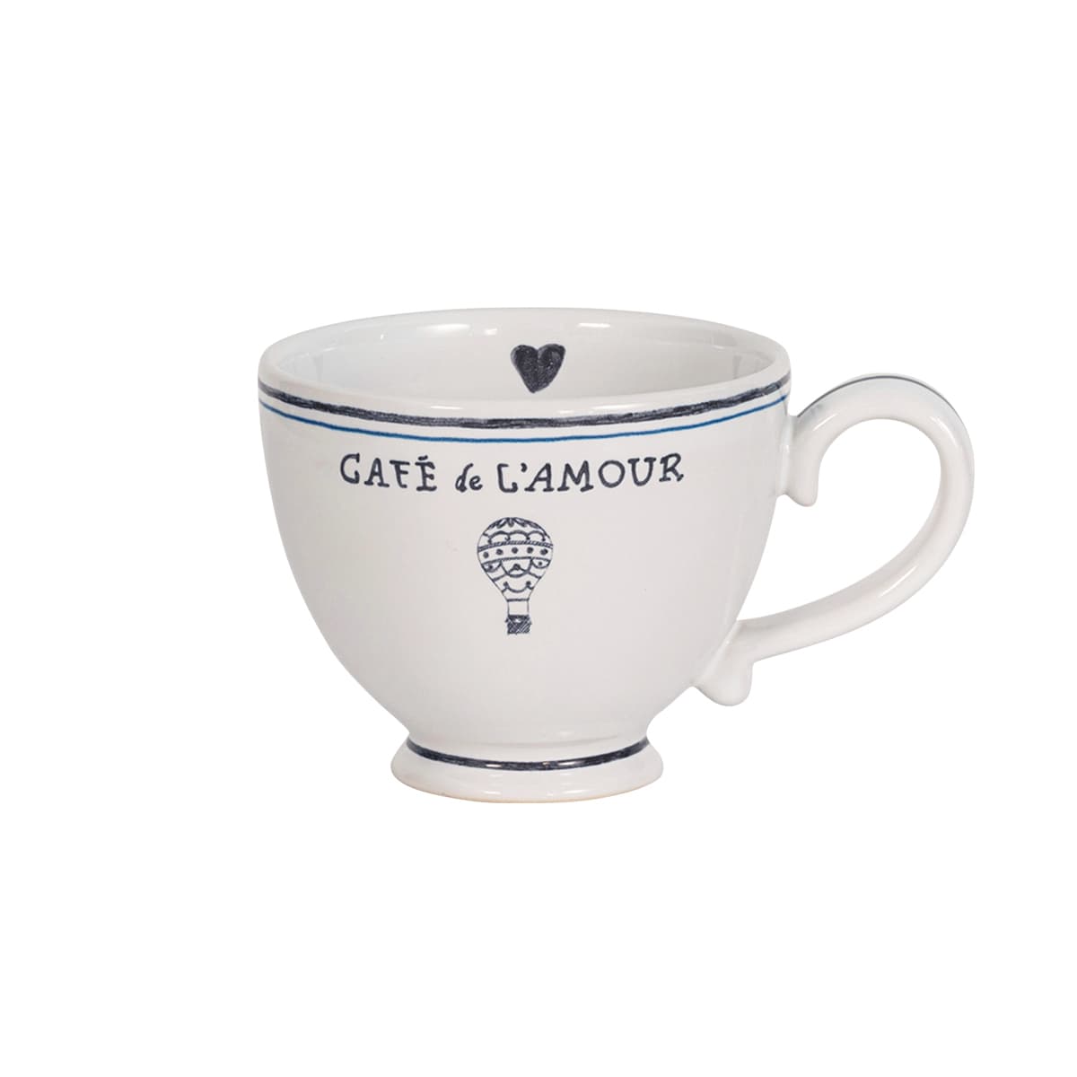 Greet every sunrise with this copious “breakfast cup” that is trimmed in chic black and blue details and is abundantly sized to fuel your daily adventures with coffee, tea, or a decadent chocolat chaud. A petite heart flies alongside our hand sketched Cafe de L’Amour banner and hot air balloon, reminding us to share love wherever the day may take us. 
