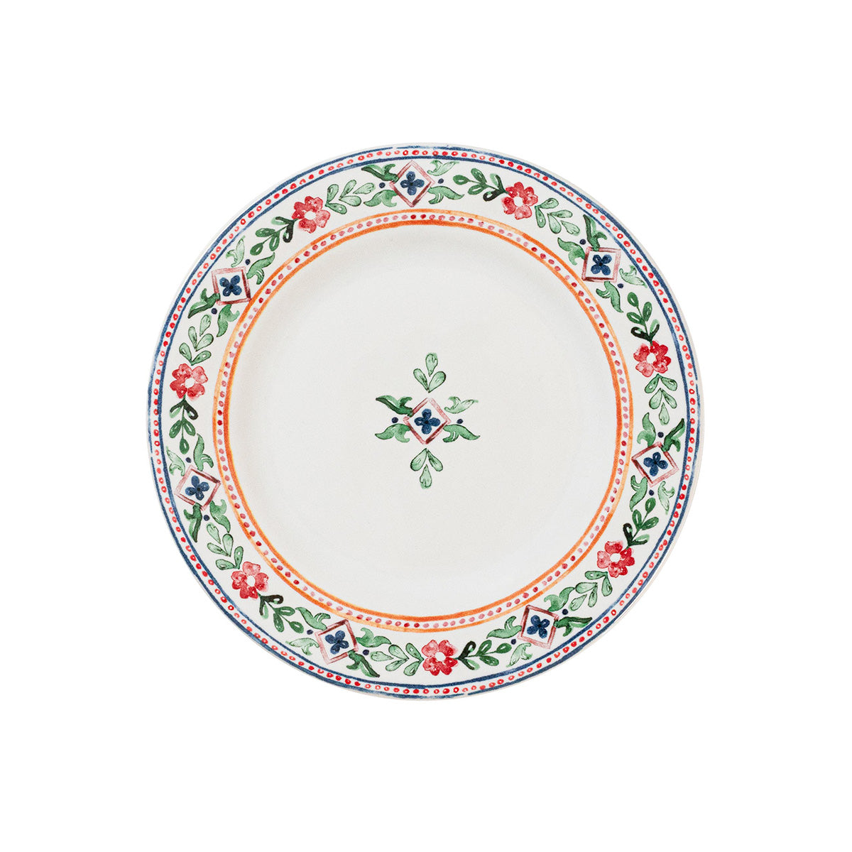 Decorative ceramic plate with floral and geometric pattern on a white background