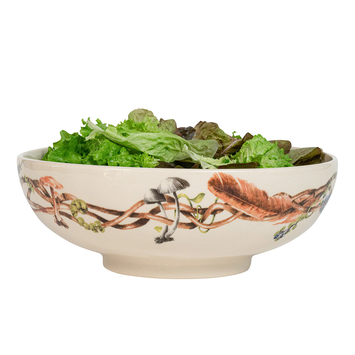 Decorative bowl with nature-themed design filled with green salad on a white background