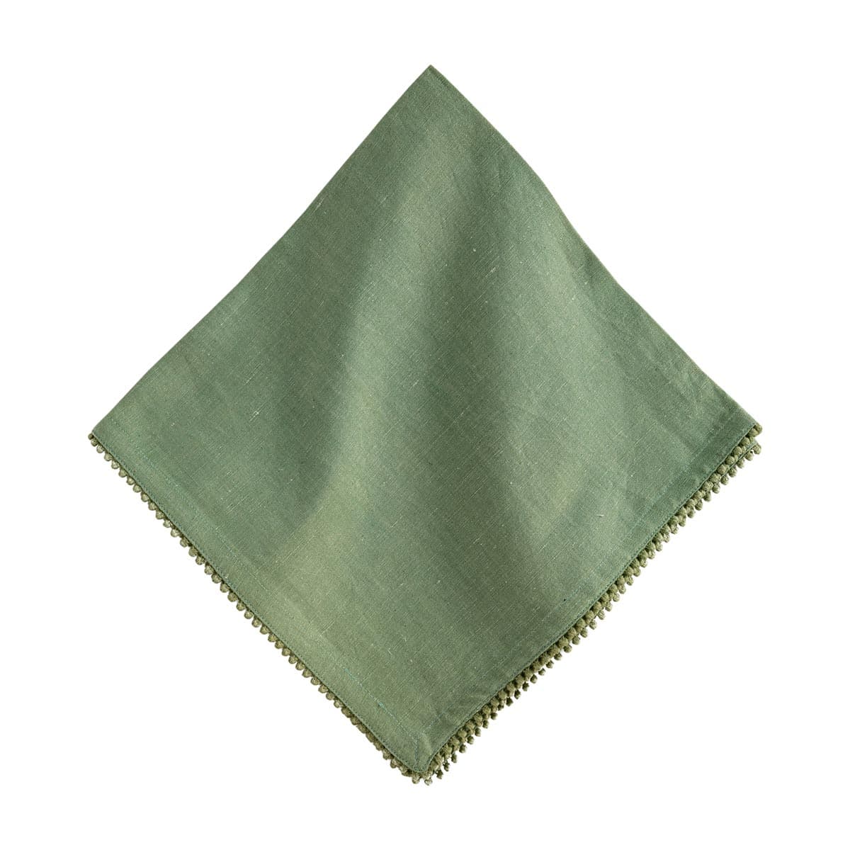 An olive green square cloth napkin with a decorative braided border, displayed on a clean white background.