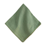 An olive green square cloth napkin with a decorative braided border, displayed on a clean white background.