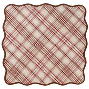 A square fabric tablecloth with a scalloped wavy edge, featuring a classic plaid pattern in beige, red, and brown with a solid brown border.