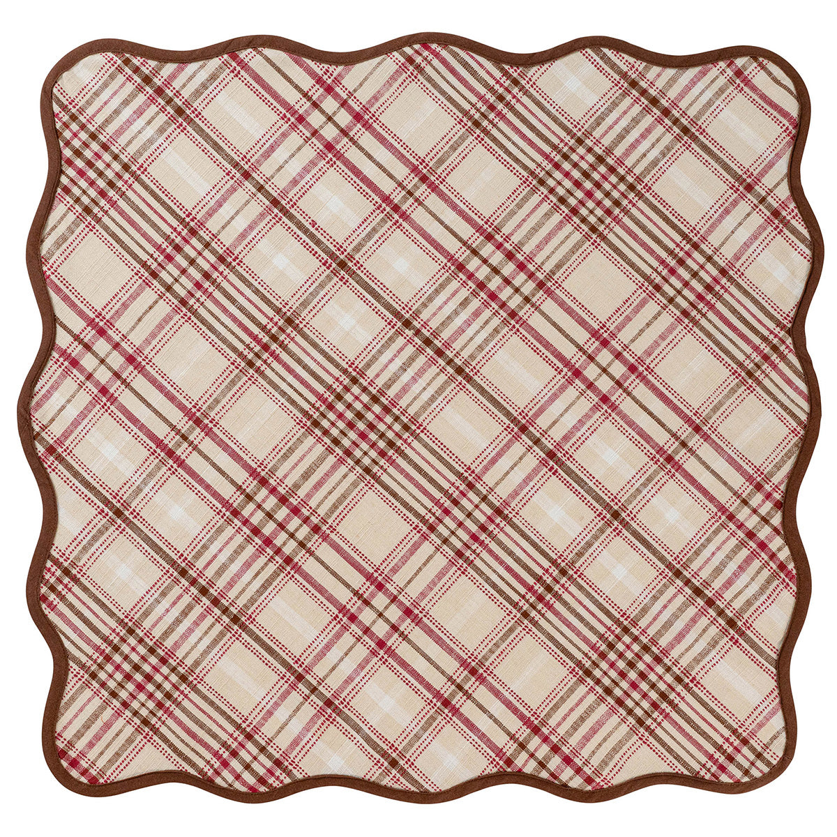 A square fabric tablecloth with a scalloped wavy edge, featuring a classic plaid pattern in beige, red, and brown with a solid brown border.