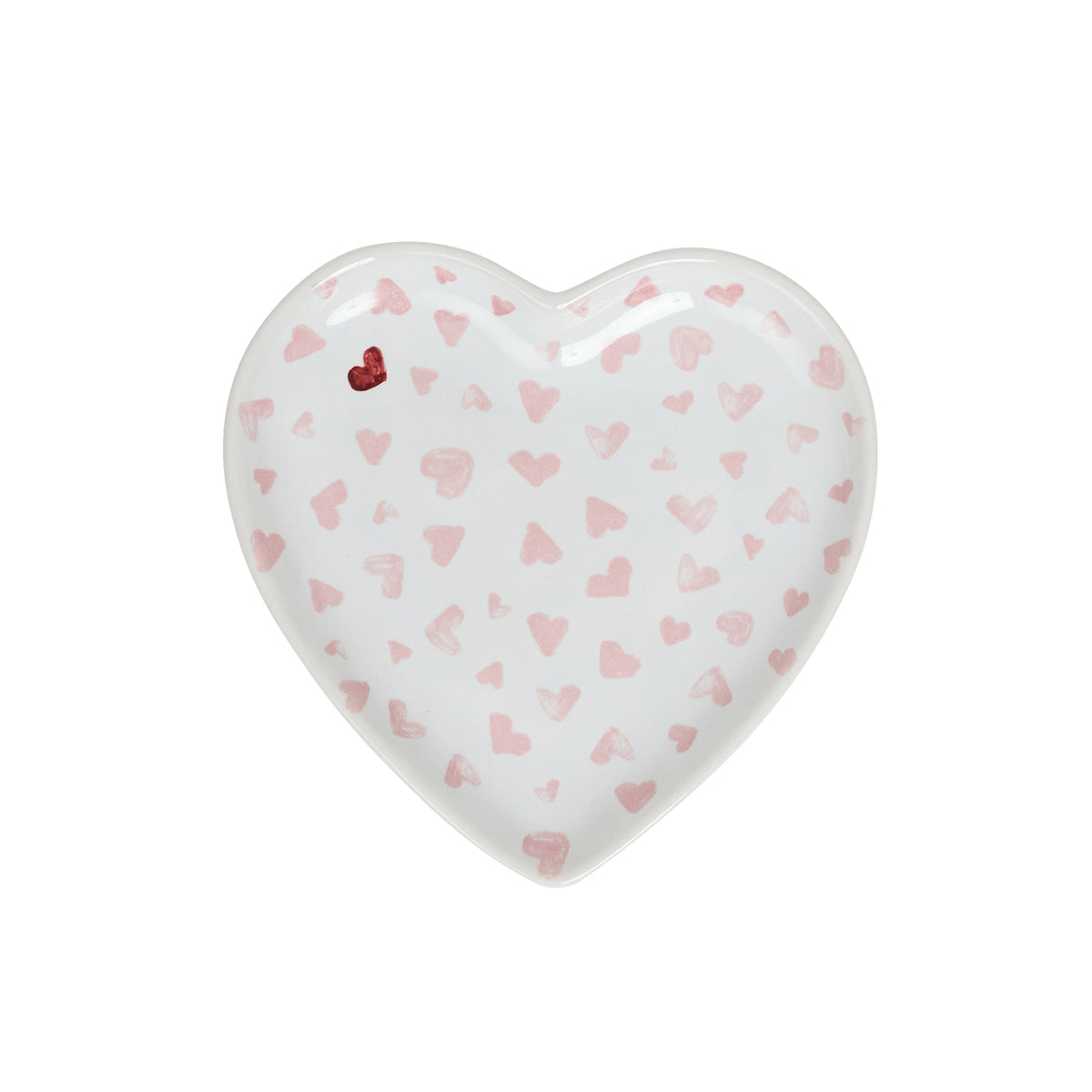 Heart-shaped ceramic plate with pink heart pattern on a white background