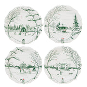 Four decorative plates with winter scene illustrations on a white background