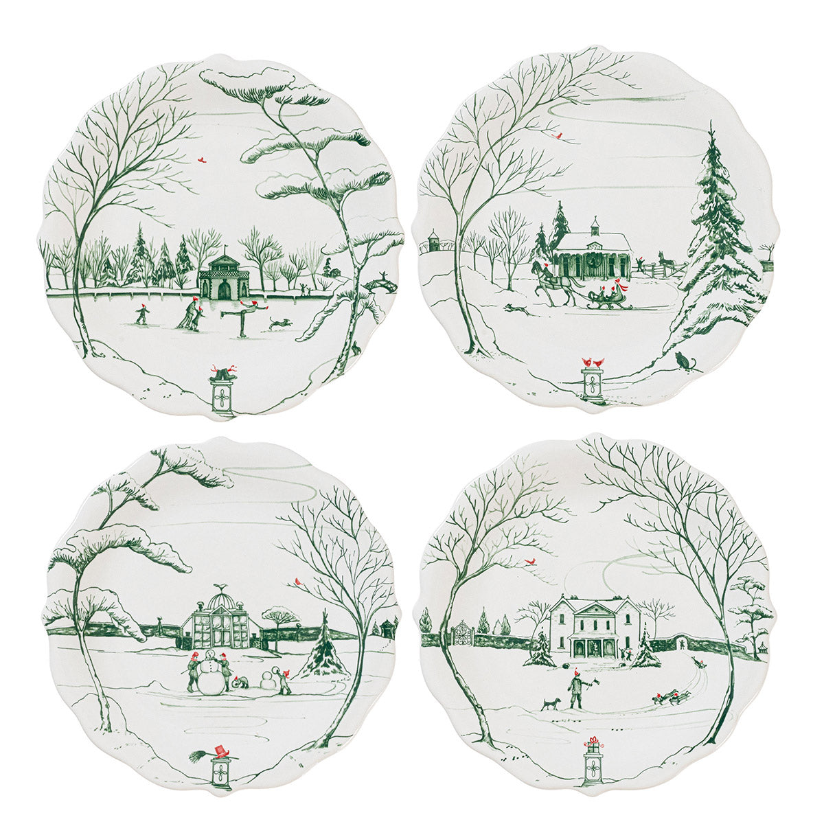 Four decorative plates with winter scene illustrations on a white background