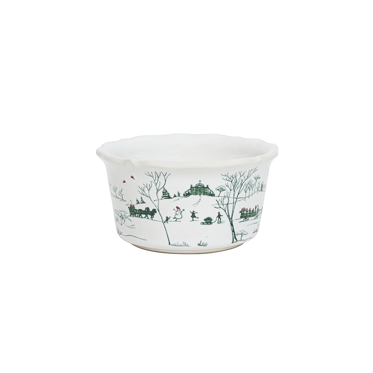 White bowl with green winter scene design on a white background