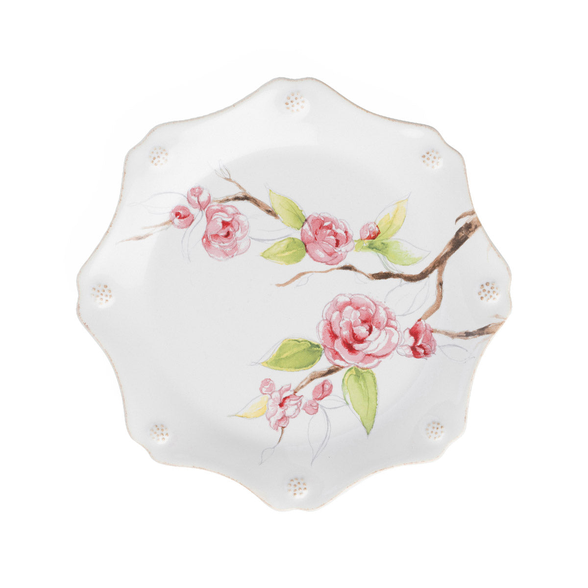 Complete with a thread and berries design, this sweetly scalloped Camellia flower dessert and salad plate adds a burst of pink to the table.