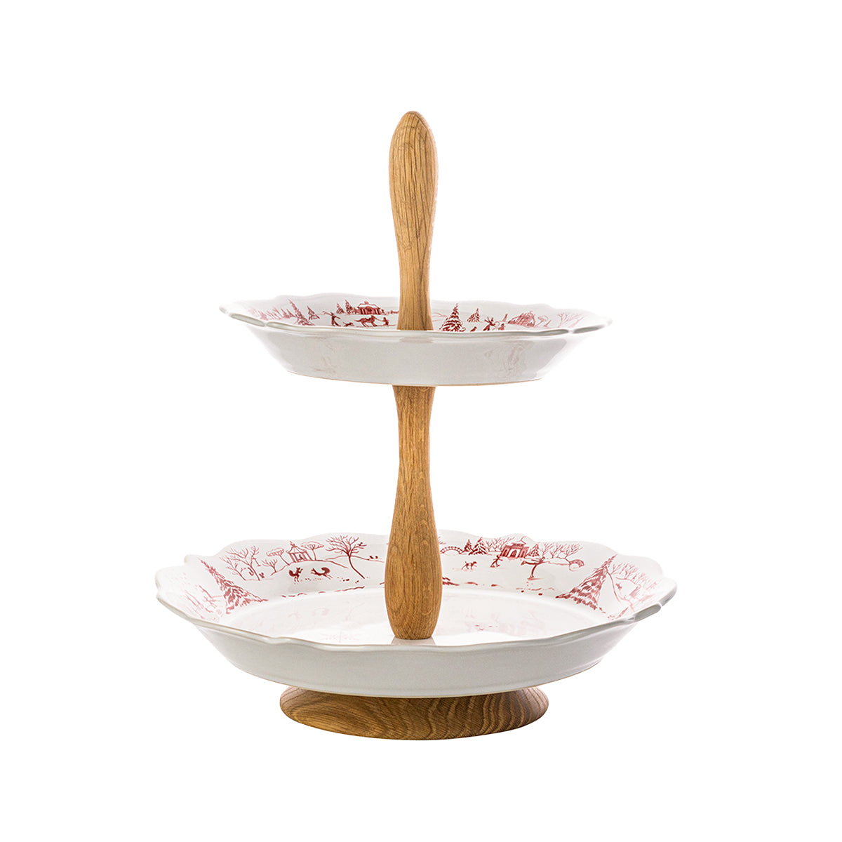 Two-tiered ceramic serving tray with wooden stand on a white background