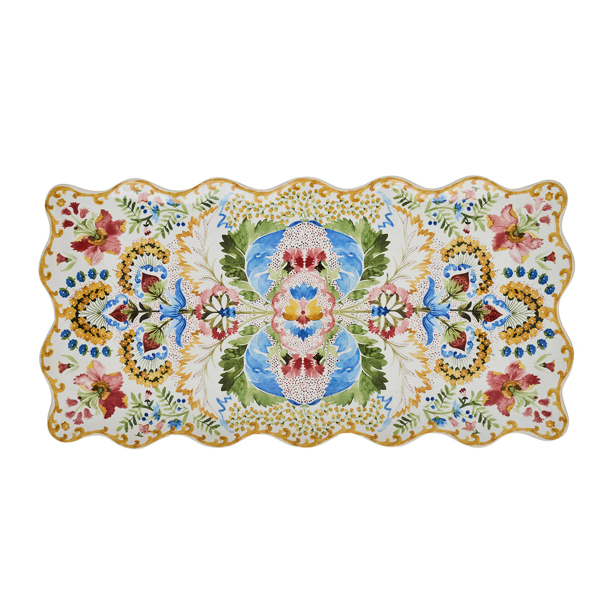 Decorative placemat with floral and geometric pattern on a white background
