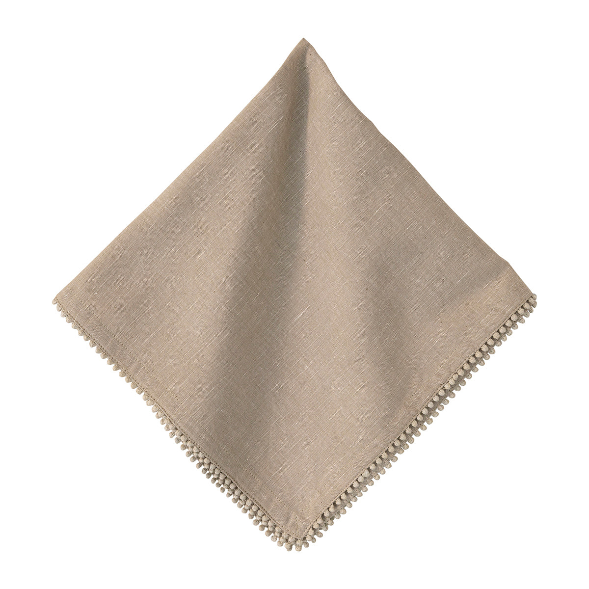 Beige napkin with pom-pom trim on a white background