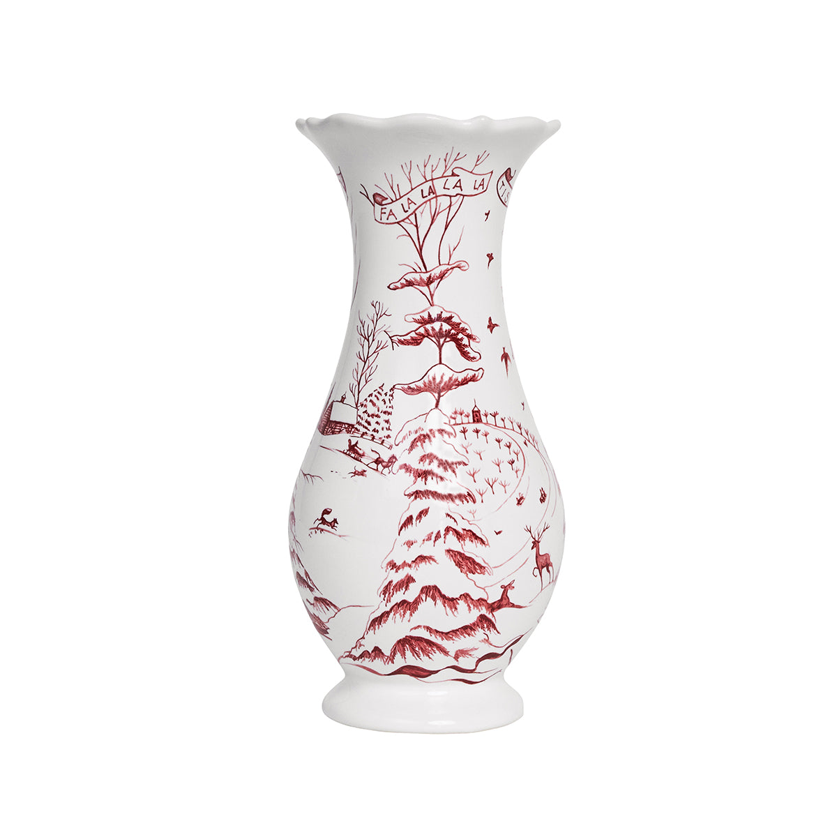 A white ceramic vase with a red toile-style winter landscape print, featuring a tree, birds, and outdoor landscape set against a plain white background.