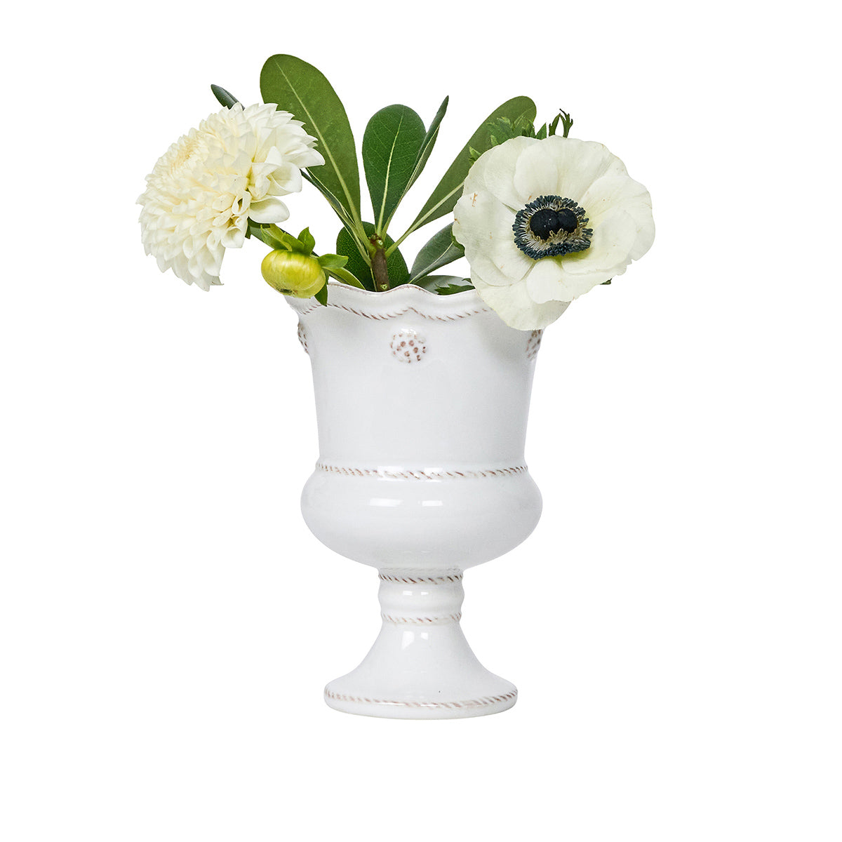 White decorative vase with flowers on a white background