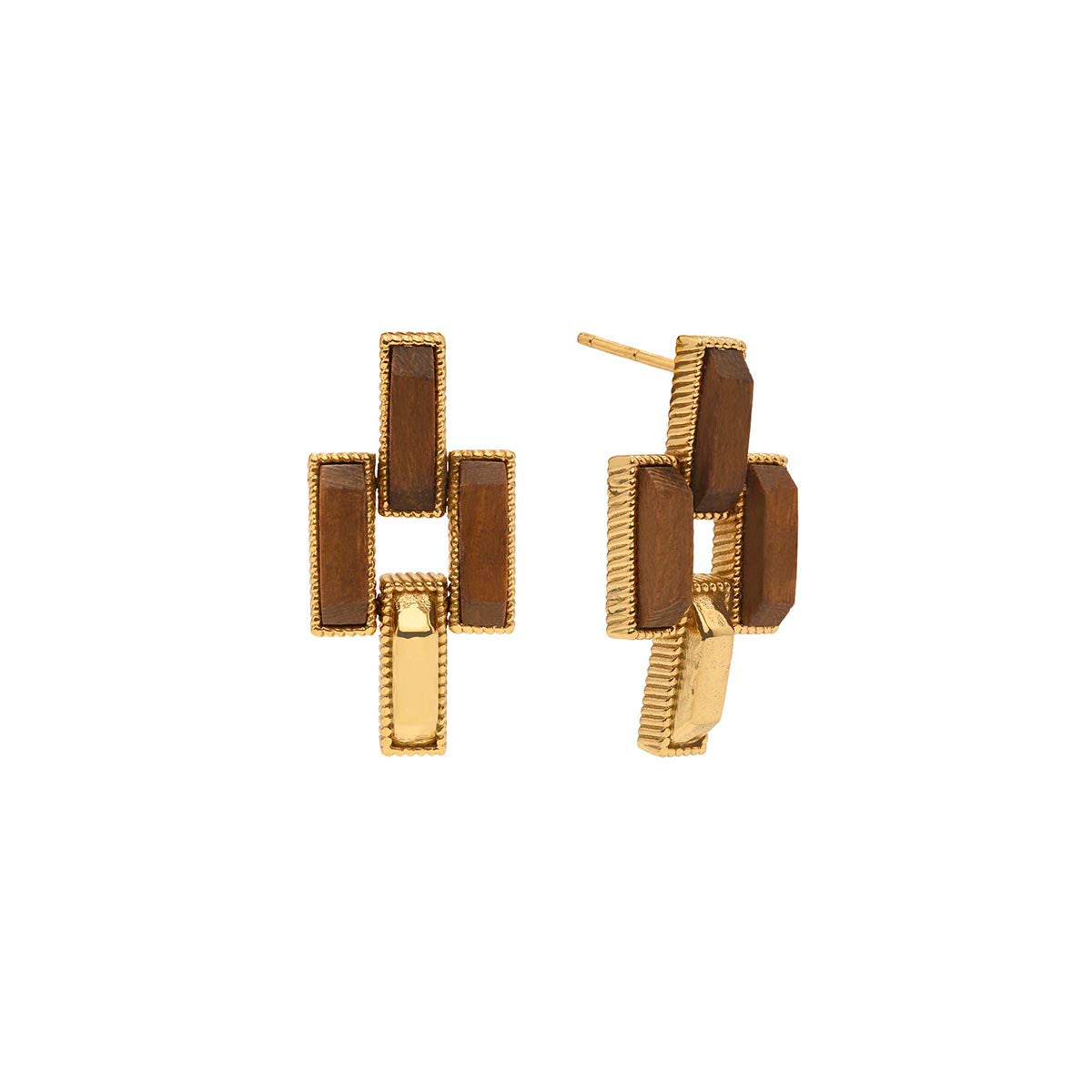 A pair of gold geometric drop earrings with dark brown rectangular inlays, shown against a plain white background.