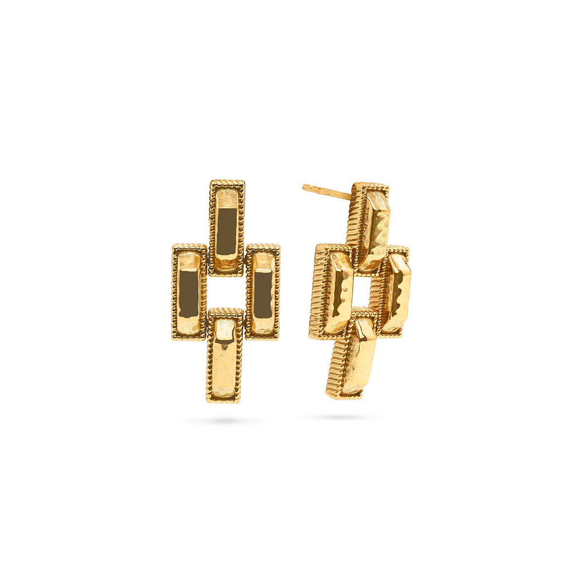 Gold geometric earrings on a white background