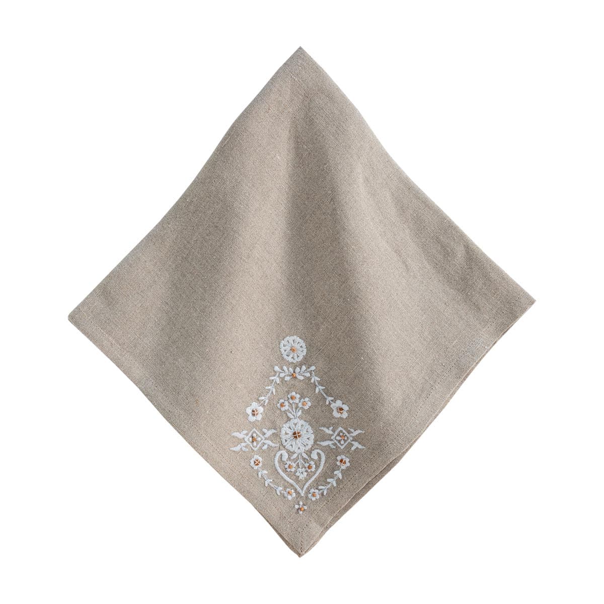 Brown napkin with floral embroidery on a white background
