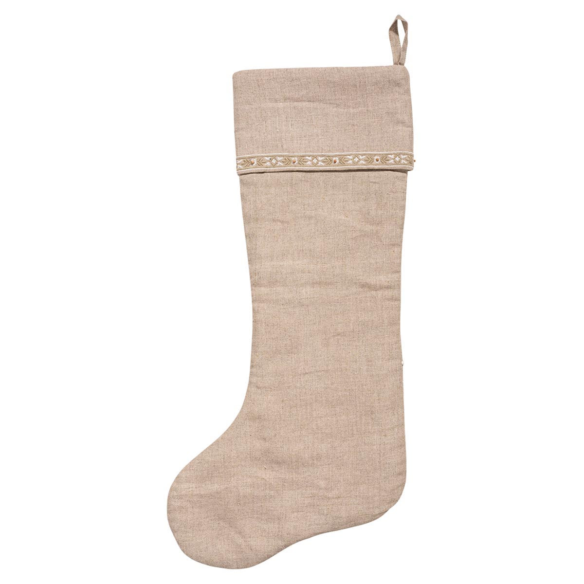 A single beige linen Christmas stocking with a decorative band of small metallic studs around the upper portion and a hanging loop at the top, shown on a plain white background.