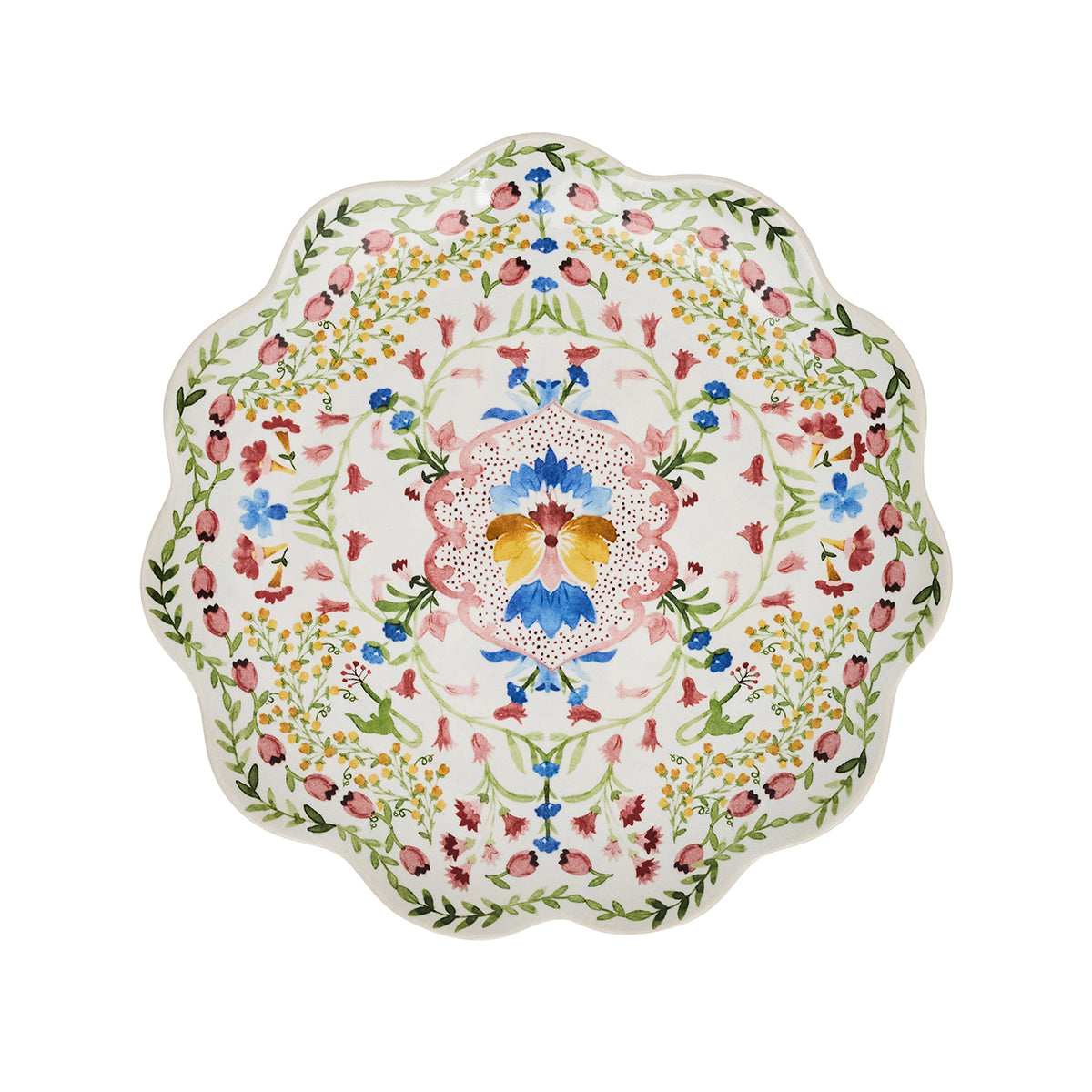 Decorative plate with floral and rooster design on a white background