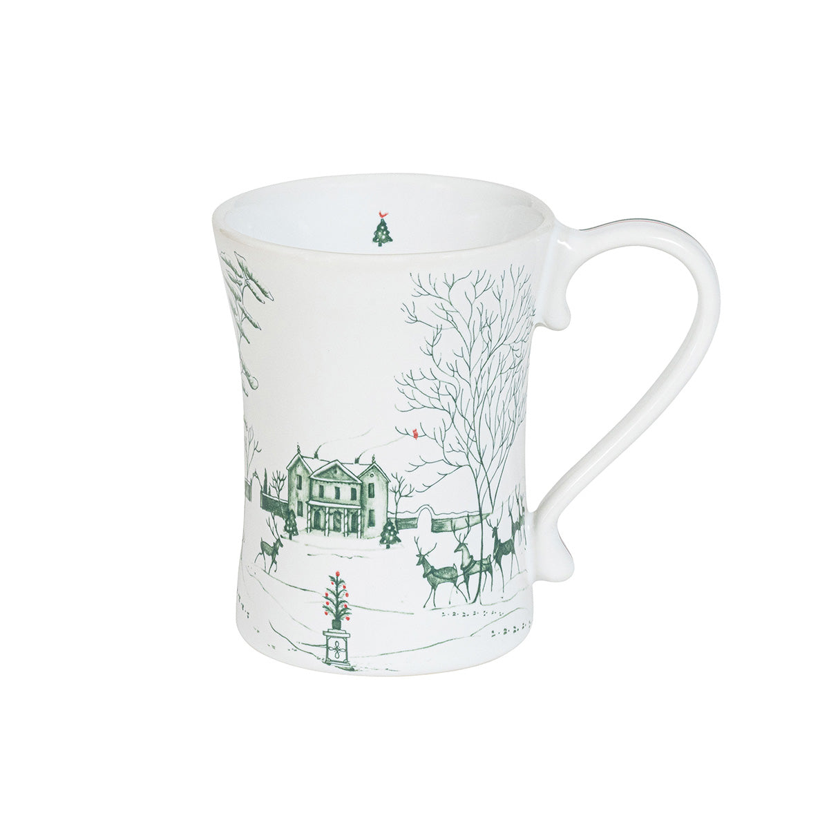 White mug with green winter scene design on a white background
