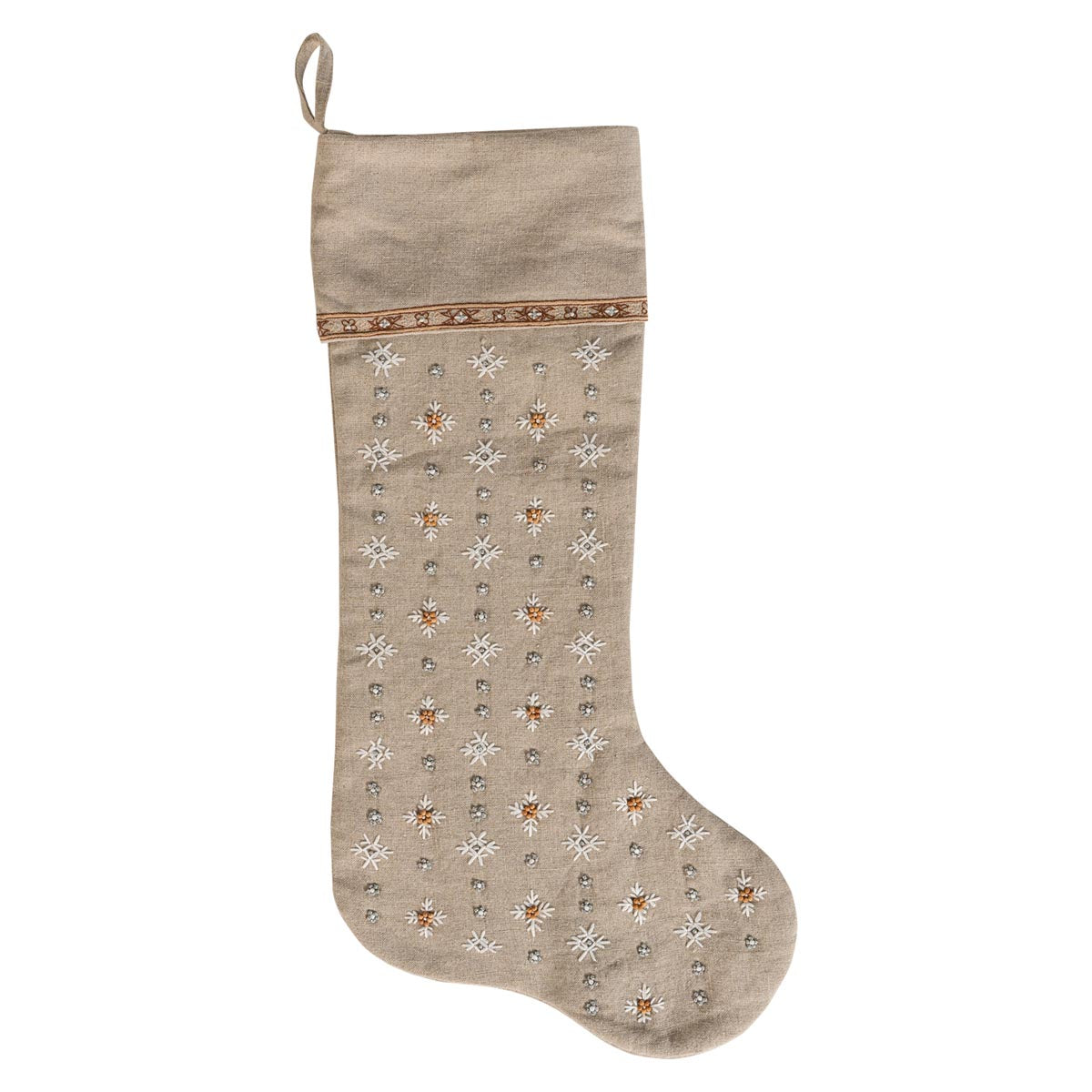 Decorative Christmas stocking with embroidered stars on a beige background