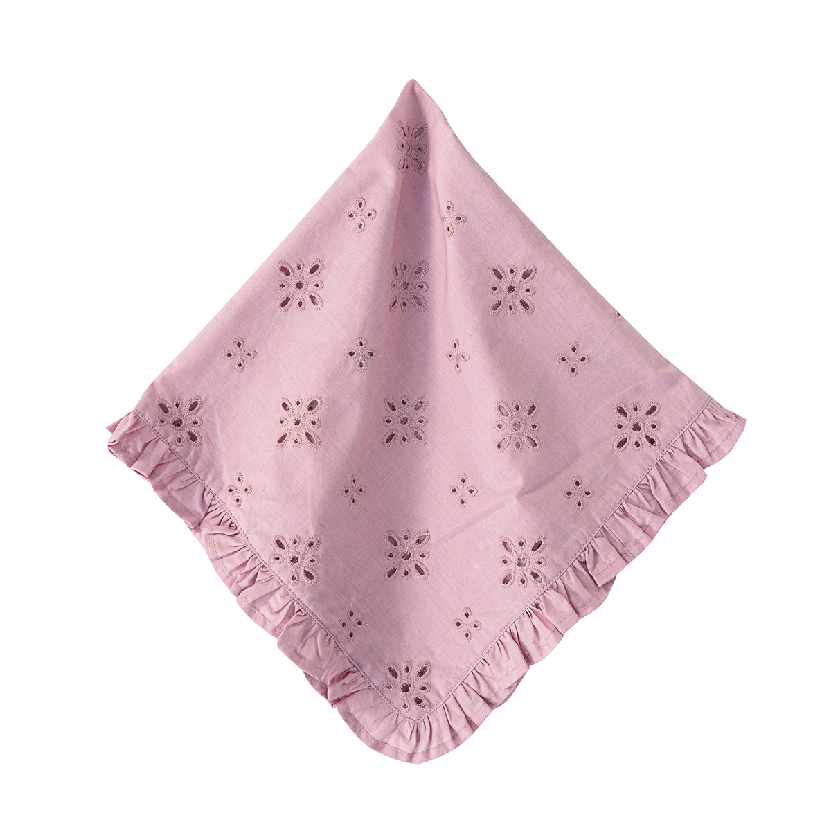 Pink embroidered napkin with ruffled edge on a white background
