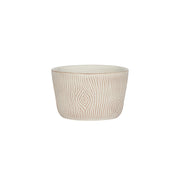 Beige ceramic pot with wood grain pattern on a white background