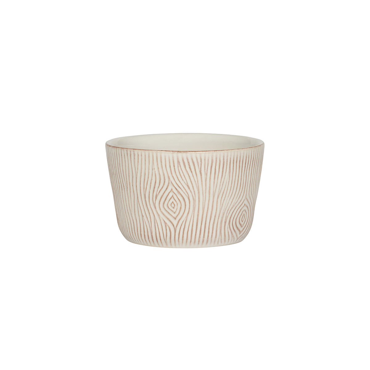 Beige ceramic pot with wood grain pattern on a white background