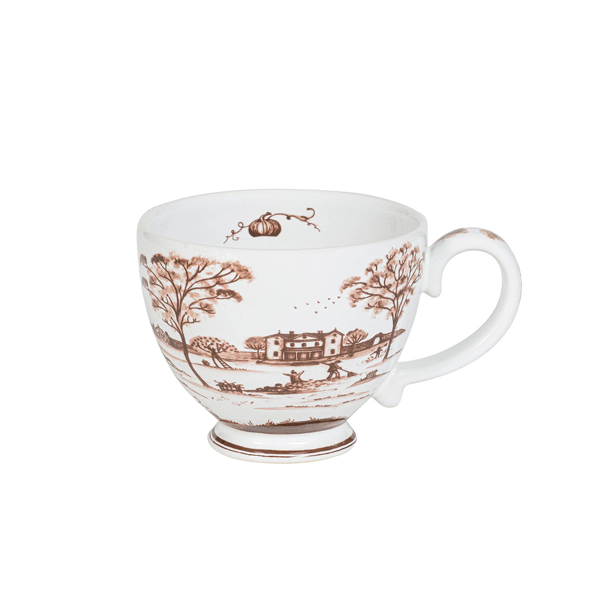 White mug with brown vintage-style landscape design on a white background