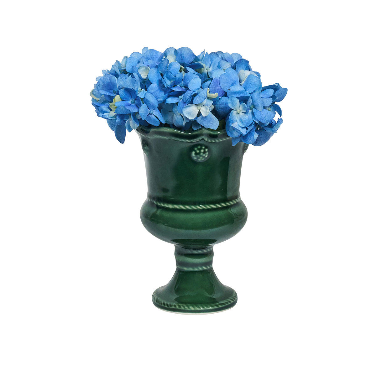 Green vase with blue flowers on a white background