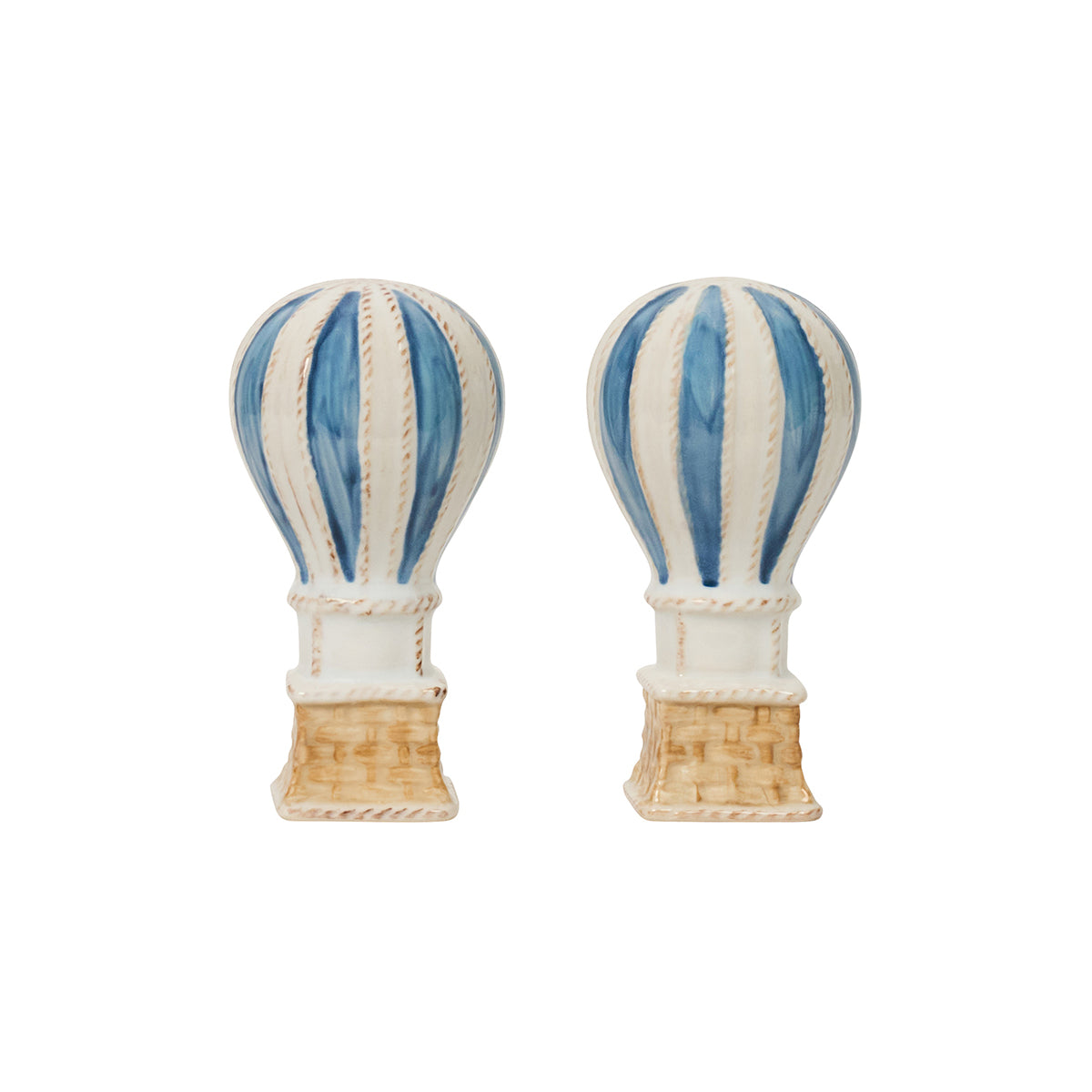 Two ceramic hot air balloon salt and pepper shakers on a white background