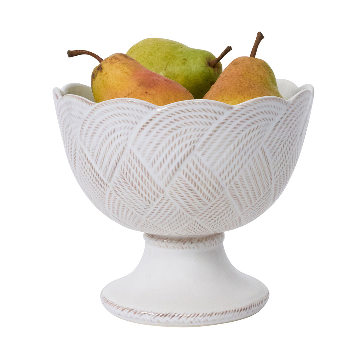 Decorative white bowl with pears on a white background