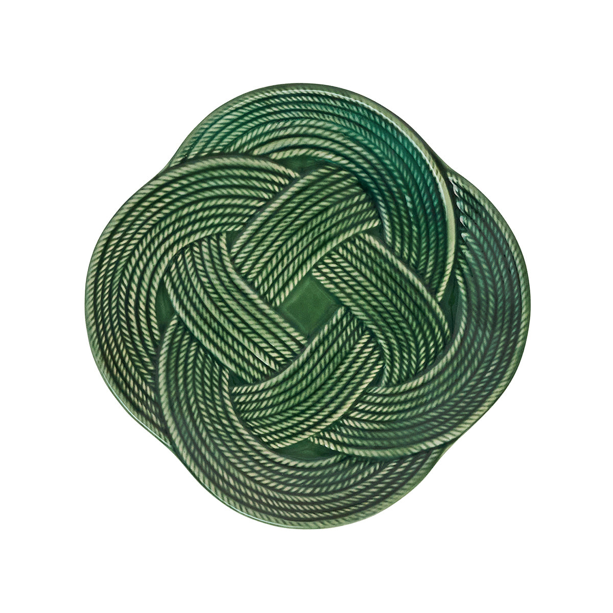 Green braided rope plate on a white background