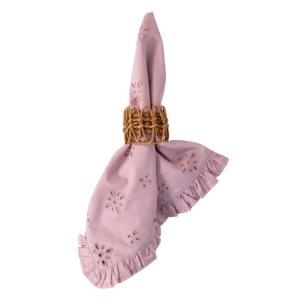 Pink napkin with decorative ring on a white background