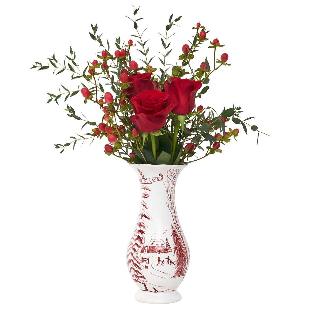 Decorative vase with red floral arrangement on a white background