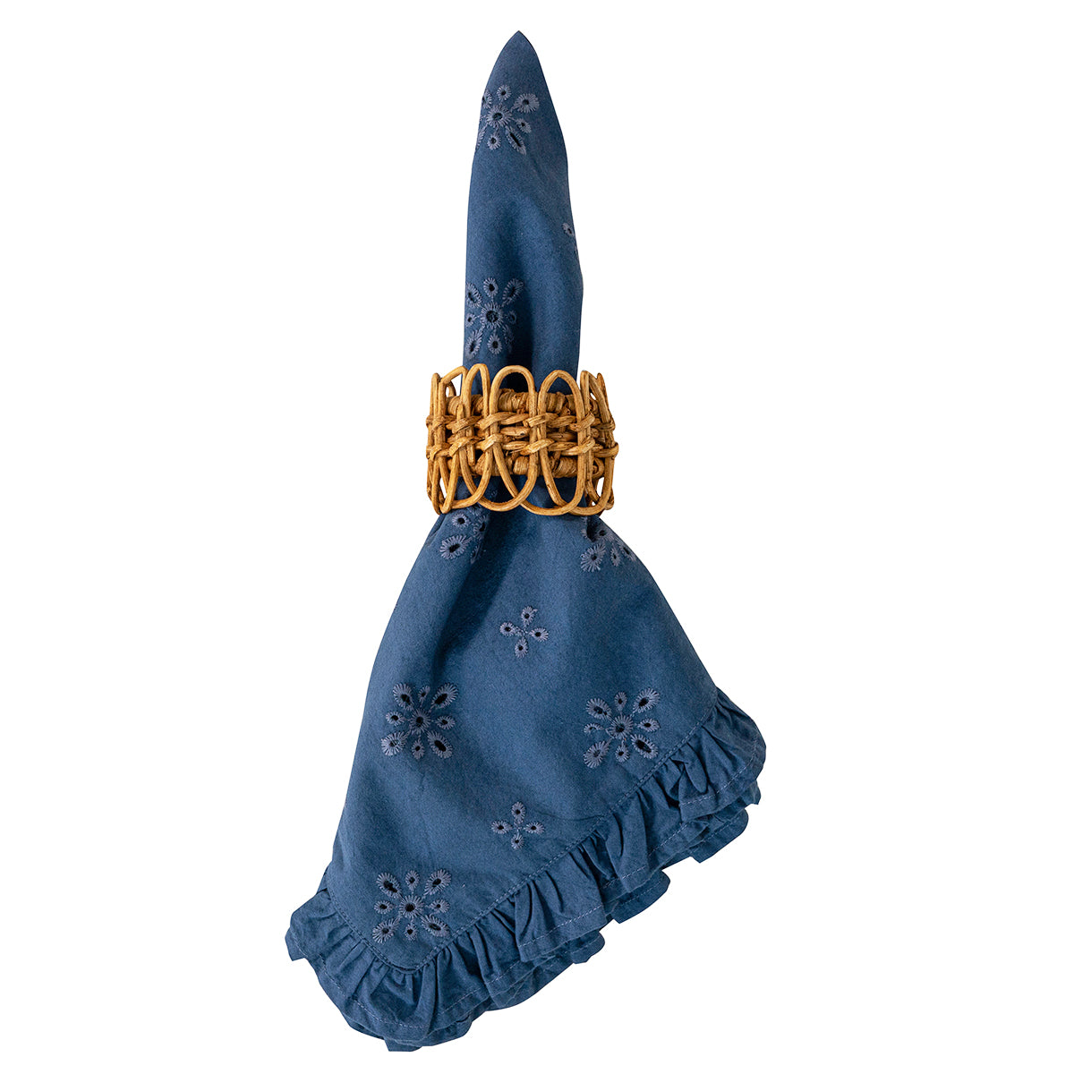 Blue embroidered napkin holder with a woven ring on a white background