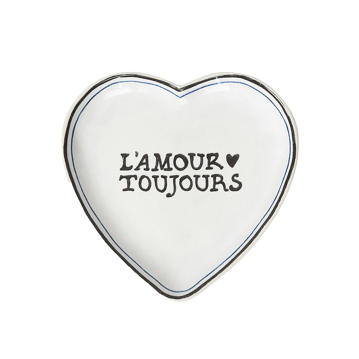Heart-shaped white plate with 'L'Amour Toujours' text on a white background