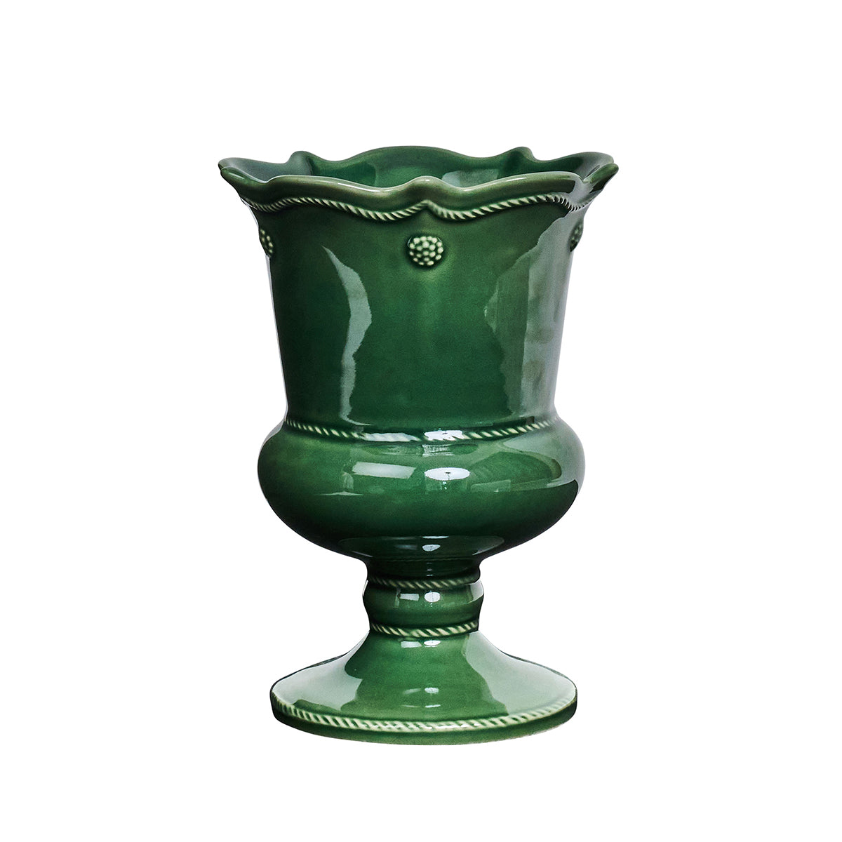 Green ceramic vase with decorative patterns on a white background