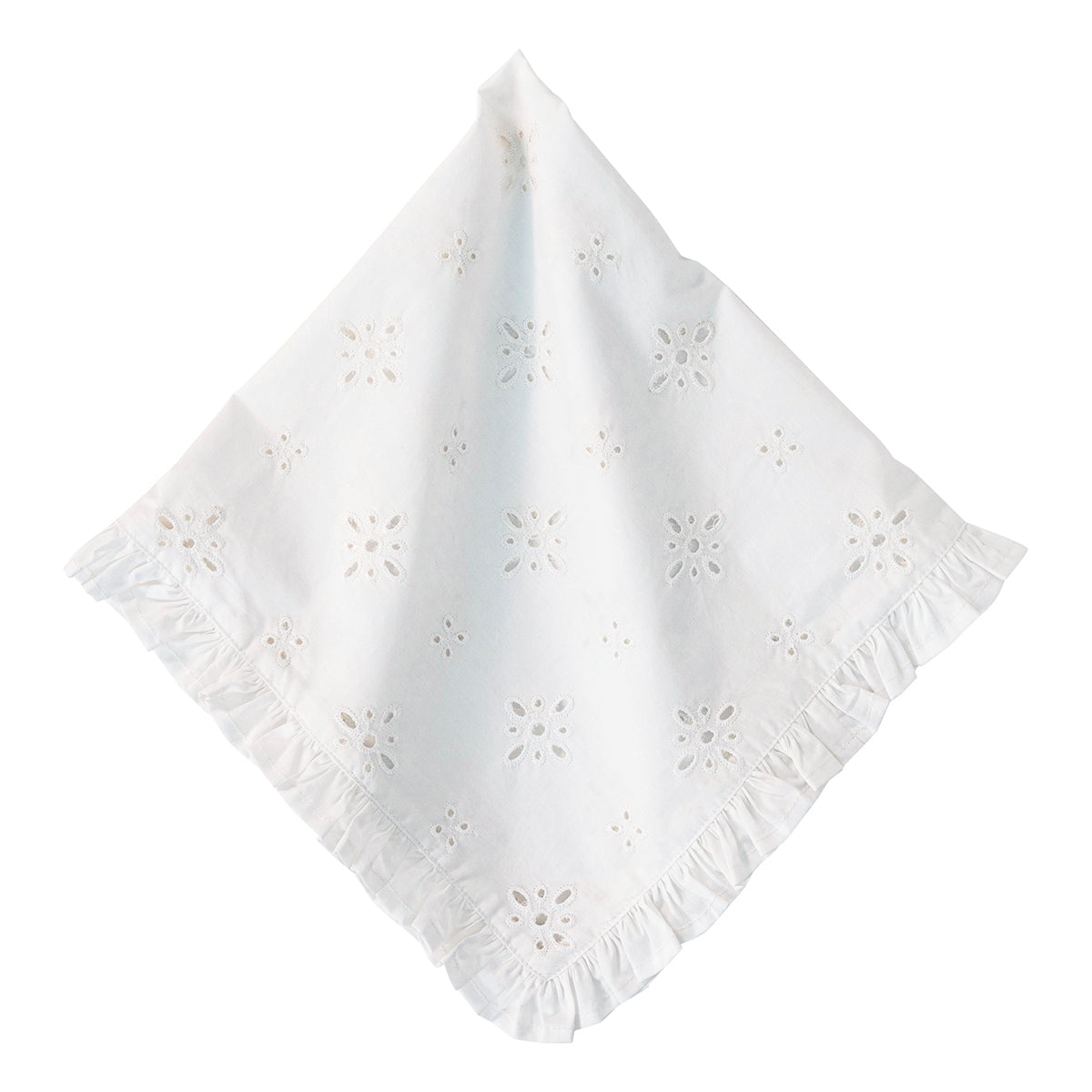 A white cotton eyelet cloth napkin with a delicate ruffled border and small floral cutwork pattern, displayed on a clean white background.