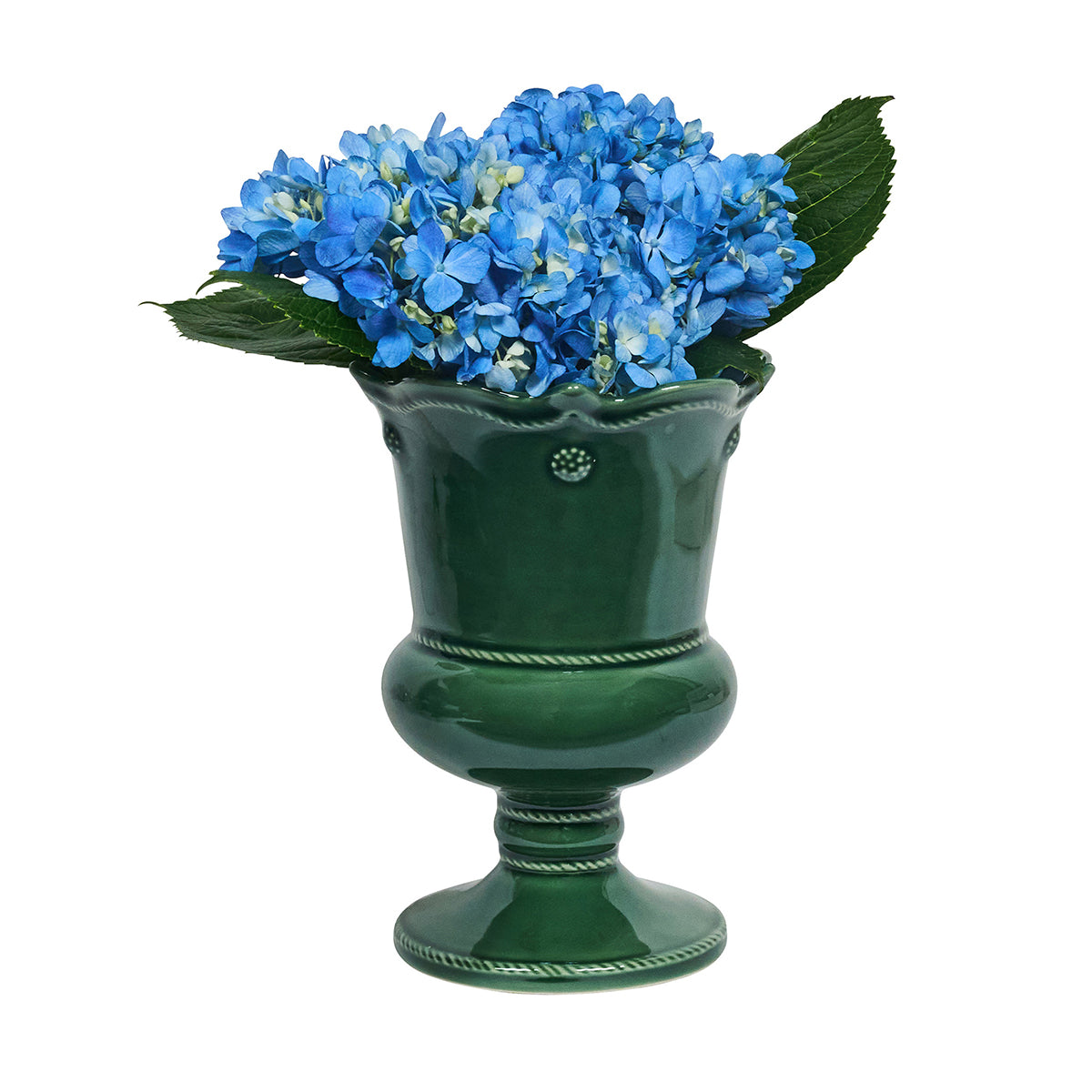 Green vase with blue flowers on a white background
