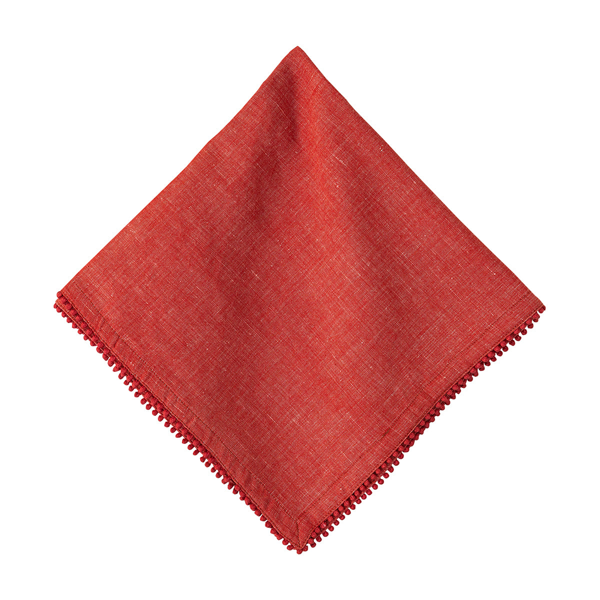 A square red linen napkin with fringed edges, displayed diagonally on a solid white background.